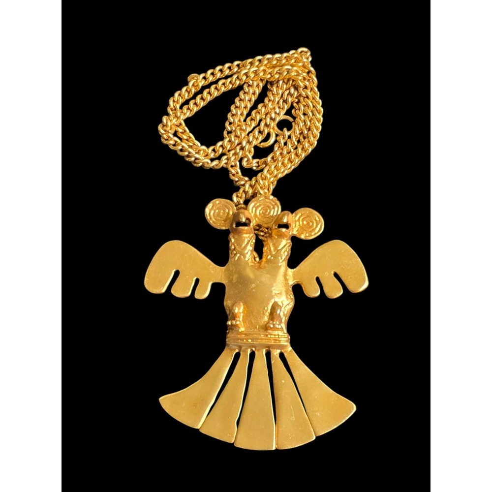 Alva Museum Replicas Two Headed Bird God Pendant Gold Tone Necklace Vintage